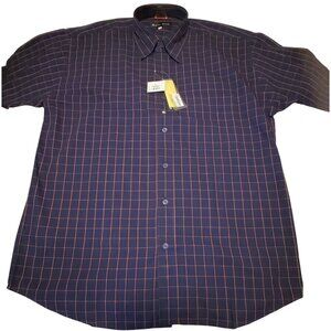 Mens Club Navy Plaid Button-Down Dress Shirt 100% Combed Cotton Men's Size XL